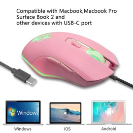 IULONEE USB Type C Wired Mouse,Silent Computer Mouse Optical Gaming Mice Ergonomic 7 LED Backlight 2400 DPI 6 Buttons for Office Home Windows PC,Laptop,Desktop,Notebook,MacBook(Pink)