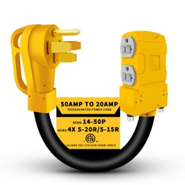 Overload Protection 50 Amp to 20 Amp 110V RV Generator Distribution Adapter, 50 Amp to 110 Adapter, NEMA 14-50P to 4 X 5-20R/15R, 4-Prong 50A to Multiple Household Outlet Adapter, ETL Listed 1.5FT