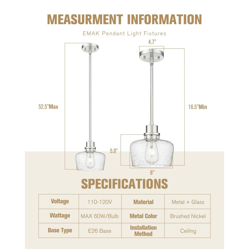 Emak 8 Inch Pendant Lights Kitchen Island, Modern Brushed Nickel
