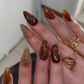 KQueenest Brown Stick-On Nails Medium Almond - Press On Nails with 3D Loach Gold Waves Design Full Cover French Fake Nails Luxury Artificial Fingernails for Women Pack of 24