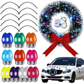 Christmas Car Wreath Magnetic Decorations Set with Artificial Car Wreath LED Light Reflective Bulb Light Shaped Car Magnets and Magnet Wires for Xmas Winter Party Car Garage Mailbox Decor (Frosted)