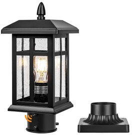 Brilvibera Dusk to Dawn Black Outdoor Post Light Fixture, Pole Lamp with Pier Mount, Waterproof Exterior Lamp Post Lantern for Yard, Driveway, Path, Black