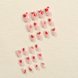 Valentine’s Day Press on Nails Short Fake Nails, LPOODDNU Red Rose Press on Nails Glossy Pink False Nail Tips Full Cover Glue on Nails Cute Square Valentine Stick on Nails for Women, 24Pcs