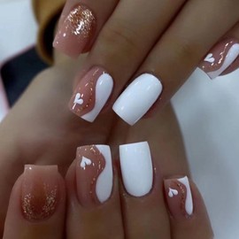 YoYoee Short Square False Nails Gradient Bling Press on Nails Full Cover Fake Nails Acrylic Nude White Nails Tips for Women and Girls 24PCS