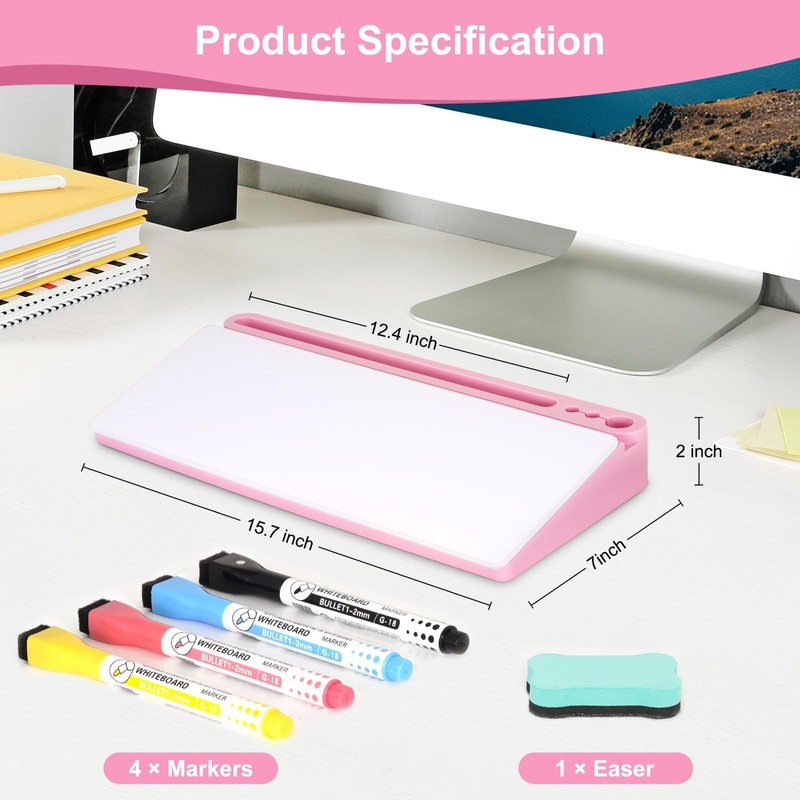 Desktop Glass Whiteboard with Storage, Pink Desk Dry Erase White