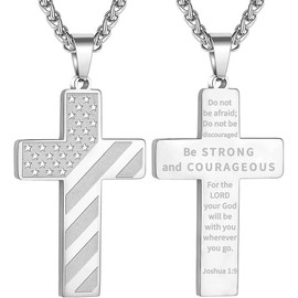 Eulinviak Silver American Flag Cross Pendant Necklace - 24 Inch Stainless Steel Bible Verse Jewelry, Patriotic Gift for Graduation, Communion, Military Appreciation (Hypoallergenic)