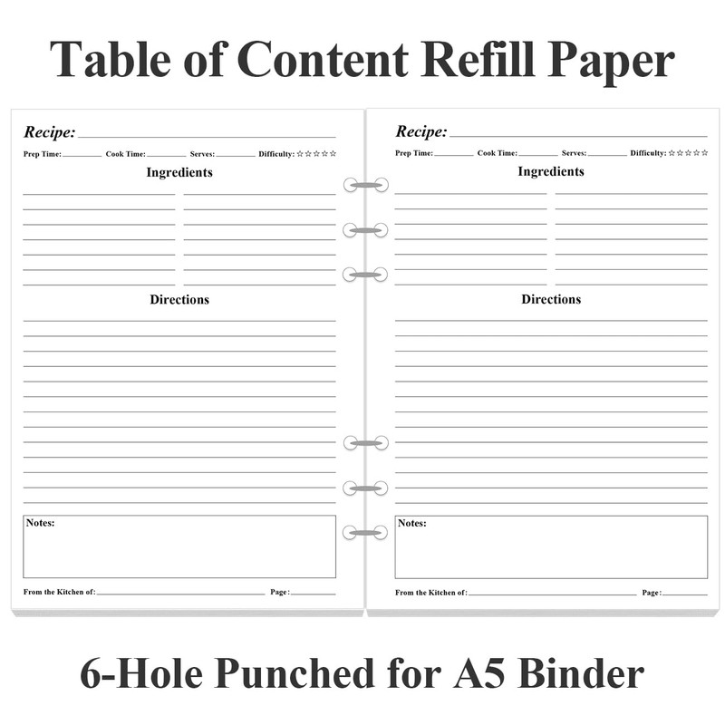 Blank Recipe Paper for A5 Binder - 6 Hole Recipe
