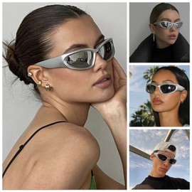 Milramtob Y2K - anteojos de sol envolventes de moda plateadas retro de los años 90, sombras futuristas para mujer, Silver + Silver Grey, Talla unica