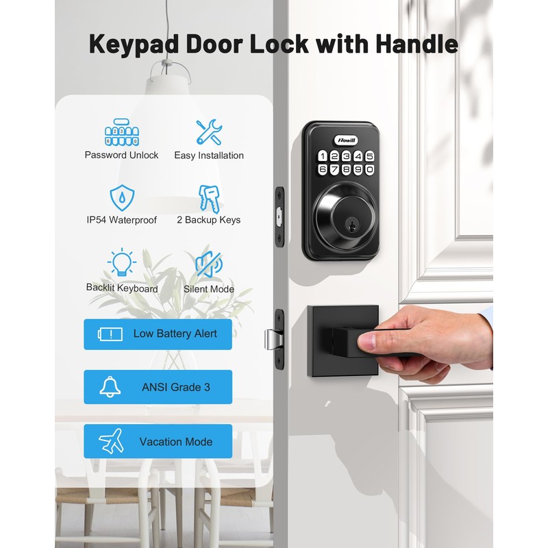 Zowill Keyless Entry Door Lock with 2 Lever Handles, Zowill