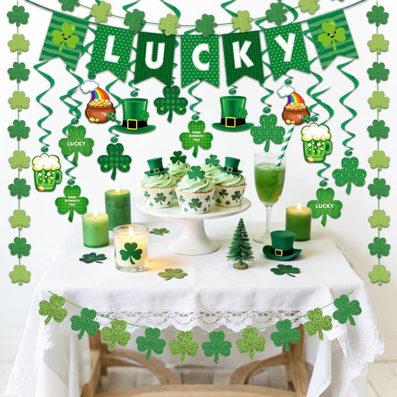 Zonlianxin St Patricks Day Decorations Pre-Assembled Shamrock Lucky Banner Garlands