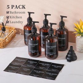 Mithrgrous 5Pack Amber Shower Bottles Refillable with Labels,16.9oz(500ml) Reusable Shampoo and Conditioner Bottles,Shampoo Dispenser Bottles