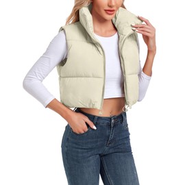 Cityork Women's Padded Vest, High Stand Collar Lightweight Zip Crop Puffer Gilet Light Khaki S