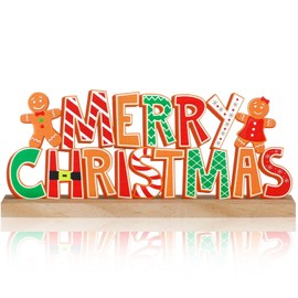 Realspring Gingerbread Man Metal Sign Gingerbread Christmas Table Decoration Xmas Tiered Tray Decor Freestanding Metal Word Sign with Wooden Base for Xmas Home Tabletop Centerpiece Mantel Fireplace