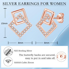 Kamise Silver Stud Earrings, 925 Sterling Silver Square Stud Earrings for Women, Rose Gold Small Hypoallergenic Studs Earring with Zirconia, Sleeper Cartilage Earring for Girls Kids Gift Box 15mm