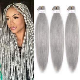 ADIASAI Braiding Hair Pre Stretched 24 Inch 3 Packs, Grey Pre stretched Braiding Hair for Professional Braiding Hair Extensions, Hot Water Setting Yaki Texture Synthetic Hair