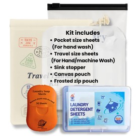 Travel Laundry Detergent Sheets Kit with 50 Pocket Laundry Sheets, 30 Travel Detergent Sheets, Silicone Sink Stopper & Canvas Bag, plus Bonus Pouch, TSA Compliant