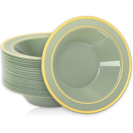 Whaline 50Pcs Sage Green Plastic Bowl With Gold Rim 12Oz Disposable Soup Bowl Dessert Serving Bowl For Wedding Birthday Bride Shower Party Supplies Table Decor