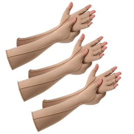 Janmercy 3 Pairs Arthritis Compression Gloves Outside Seams Fingerless Compression Gloves for Women Men Carpal Tunnel Swelling (Nude, Extended)