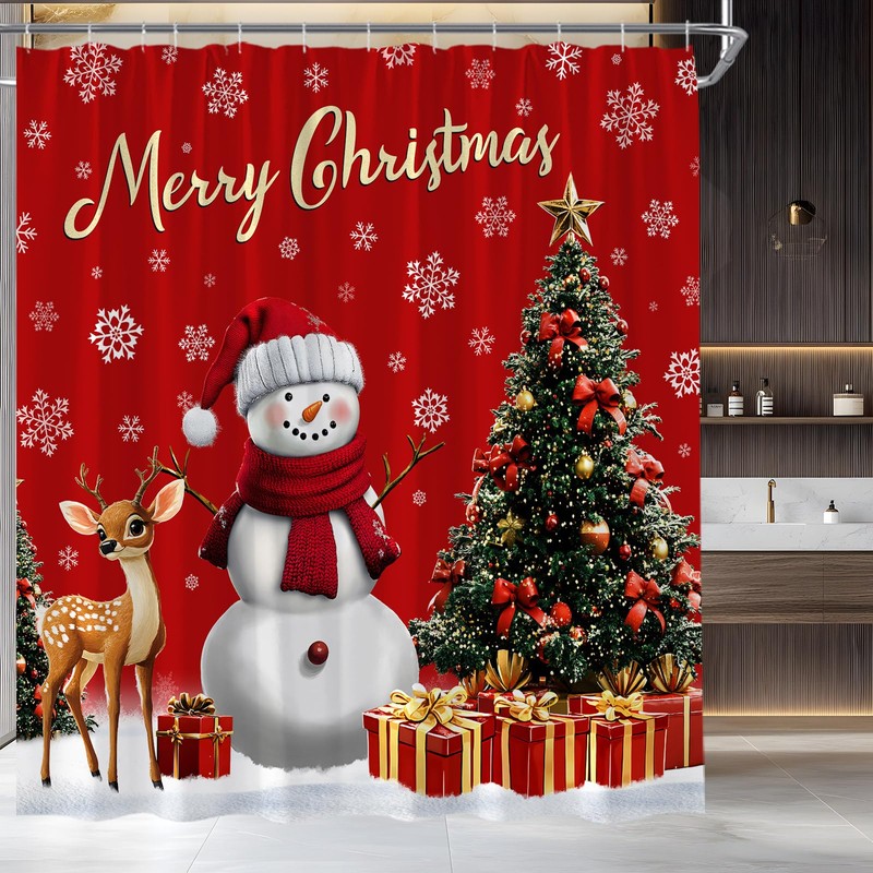 MSAYNFG Christmas Snowman Shower Curtain Red Xmas Trees Deer Winter