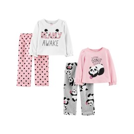 Simple Joys by Carter's Girls' 4-Piece Pajama Set (Cotton Top & Fleece Bottom), Grey Panda/Pink Donut/White Text Print/Dots, 12 Months
