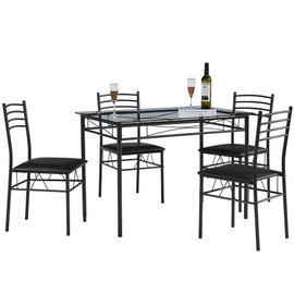 VECELO Kitchen Dining Table and Chairs Set for 4, PU Padded Seat & Glasses Tabletop, Space Saving, Matte Black