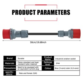 CEE Coupling Socket 5-Pin 16A to 32A with Phase Reversal, 16A 400V Plug to 32A 400V, Power Cable 50 cm CEE High Current, with Protection Class IP44