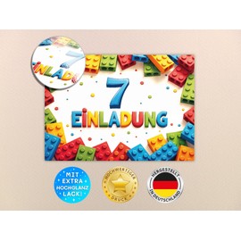 12 Invitation Cards for 7th Children's Birthday Building Blocks Children Boys Girls Cool Colourful Invitations Seventh Birthday Invitations Kids