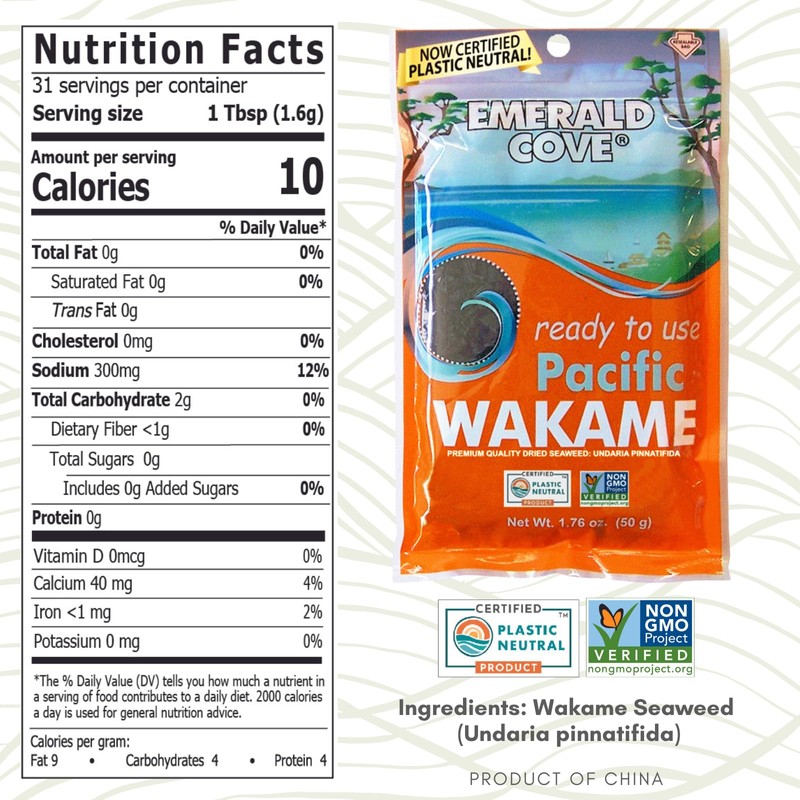 Emerald Cove Ready-to-Use Pacific Wakame, Premium Dried Seaweed, Non-GMO, Gluten