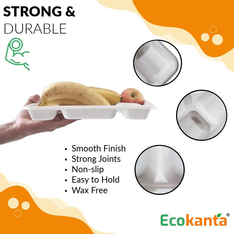Ecokanta 100% Compostable 6-Compartment Dinner Plates - Eco-Friendly, Biodegradable Sugarcane