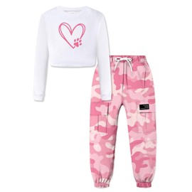 Girls' Clothing Sets Crop Top & Cargo Jogger Pants 2 Piece Outfit, White+Camouflage, 4-5T = Tag 120
