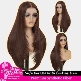 Synthetic 13x4 Lace Front Wigs Pre Plucked Auburn Wigs For Women Ready to Wear 26 Inch Long Layered Straight Wigs 100% Futura Premium Fiber Wig With Bangs Beginner Friendly Daily Party Use