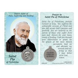 Holy Lines Saint St. Padre Pio Laminated Prayer Card with Medal and Our Father Prayer Card Set