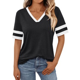 AUTOMET Women's Short Sleeve V Neck T Shirts Trendy Casual Spring Tops Summer Fashion Tees Basic Clothes Black M