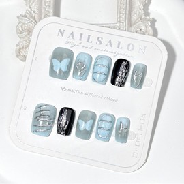30Pcs Handmade Press on Nails Short Square Fake Nails with Silver Chrome Design Blue Butterfly False Nails Y2K Glue on Nails Full Cover Spring Acrylic Nails Reusable Line Stick on Nails for Women