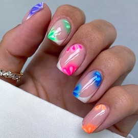 MISUD Summer Press on Nails Short Square Fake Nails Glossy Glue on Nails Colorful Flower Acrylic Nail Supplies Squoval Artificial Nail Art White French Tip Stick on False Nails with Design DIY 24 pcs