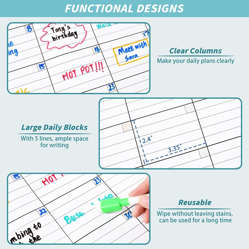 Dry Erase Calendar for Wall - Undated 3 Month Calendar,