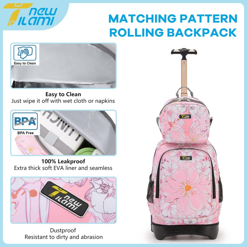 NEW TILAMI Girls & Boys Rolling Backpack - Moisture-Wicking, Adjustable