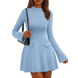 PRETTYGARDEN Women's Long Sleeve Mini Dress 2025 Fall Bodycon Mock Neck Elegant Business Work Party Short Dresses(Light Blue,Medium)