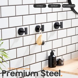 AONEON Robe Hook Matte Black Bath Towel Hooks Stainless Steel Wall Hooks for Bathroom Kitchen Closet Garage Door Hanger 3 Pack, AN1001MB-P3