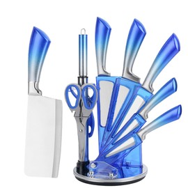 Knife Set Stainless Steel Cleaver Knives Set with Rotatable Acrylic Storage Block Sharpener Sharp Cutlery Kitchen Knife Block Set Chef Cooking Cutting Knives (Blue)