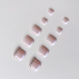 French Tip Press on Toenails Short Square Fake Toe Nails Nude Nature False Toenails with Rhinestone Acrylic Nails Full Cover Glue on Nails for Women Nails Decoration Manicure 24Pcs