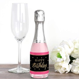 Big Dot of Happiness Chic Happy Birthday - Pink, Black and Gold - Mini Wine and Champagne Bottle Label Stickers - Birthday Party Favor Gift for Women and Men - Set of 16