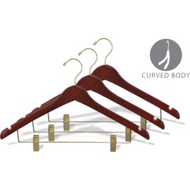 The Great American Hanger Company Curved Wood Combo Hanger w/Adjustable Cushion Clips, Box of 25 17 Inch Wooden Hangers w/Walnut Finish & Brass Swivel Hook & Notches for Shirt Jacket or Dress