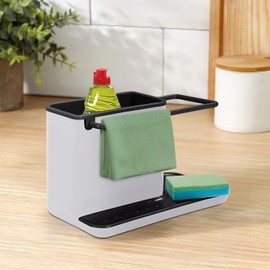 Warmiehomy Kitchen Sink Organiser with Drain Tray, Kitchen Sink Caddy with Sponge Holder, Brush Holder and Cloth Hanger, White with Black