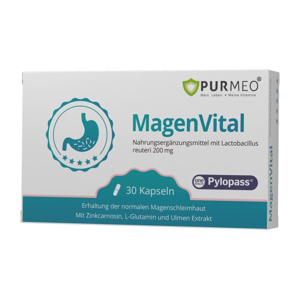 PURMEO® MagenVital with Pylopass, Elm Extract, Zinc Carnosine and L-Glutamine, Stomach and Intestinal Health, 30 Capsules
