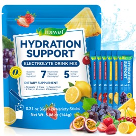 Electrolyte Powder with 7 Electrolytes + 5 Vitamins | Zero Sugar, Low Calorie | For Quick Rehydration After Sports & Activity | 24 Sticks Mix Pack (Pineapple, Grape, Cherry, Passion Fruit) | Vegan