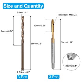 sourcing map Tap and Drill Bit Set, 3pcs M3 x 0.5 Metric Spiral Point Thread Screw Taps & 3pcs 2.5mm Twist Drill Bits, Titanium Coated/Roasted Yellow HSS-6542/M35 HSS-CO Tapping Threading Tool