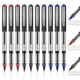 OFFCUP Rollerball Pen, Pack of 10 Gel Pens, Multicoloured, 0.5 mm, Stainless Steel Cone Tip, Rollerball Pen Set, Rollerball Pens for Writing, Journaling, Notebook (Black, Red, Blue)