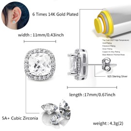 TOPGRILLZ Square Stud Earrings 925 Sterling Silver 5A+ Cubic Zirconia 14K Gold Black Diamonds Stud Earrings For Men Women Aretes De Hombre-Silver