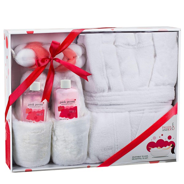 Home Spa Gift Basket Luxury Bathrobe & Slipper Spa Box for Women - Pink Peony Scent - Luxury Bath & Body Set For Women - Body Lotion, Shower Gel, Puff, Ultra Soft Full Length Bathrobe, Plush Slippers